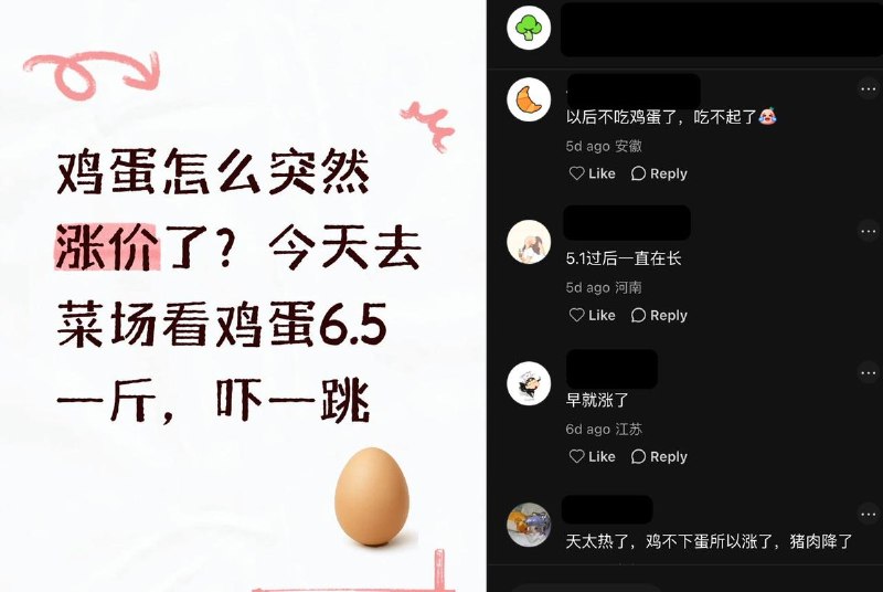 中国鸡蛋价格连续五周上涨，目前已比去年同期上涨近80%，创五年同期最高