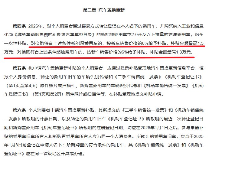 12月30日，商务部等8部门办公厅印发《2026年汽车以旧换新补贴实施细则》，明确2026年汽车以旧换新补贴政策的具体实施安排，根据细则，对符合条件的个人消费者报废旧车并购买新车，或通过转让旧车置换新车的，可按规定申请一次性财政补贴