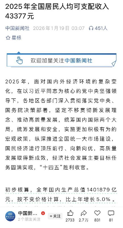 1月19日，根据国家统计局，2025年全国居民人均可支配收入43377元查看原文