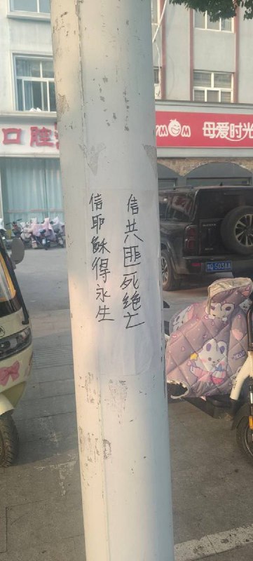 网友投稿：河南省驻马店市遂平县，街头出现“消灭共产党打倒习猪头，归还言论自由，停止网络封锁的”宣传标语和“觉醒真相书”大字报