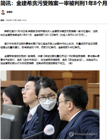韩国前总统尹锡悦夫人金建希贪污受贿案一审被判刑1年8个月1月28日，据韩联社报道，韩国前总统尹锡悦夫人金建希涉嫌贪污受贿案一审宣判，法院判处金建希有期徒刑1年8个月，追缴赃款1281.5万韩元（约合人民币6.247万元）