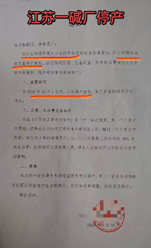 10月8日，江苏徐州丰成盐化工疑似停工停产，引发工人聚集维权