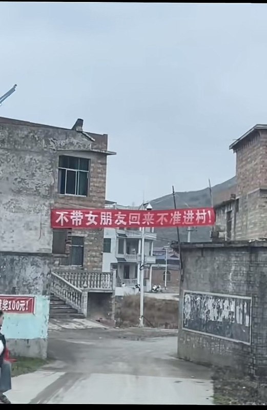 “为了催生，煞费苦心”2月10日，贵州黔东南大坪村入口处的横幅写着：“禁止没带女朋友的光棍人员回村过年”2月9日，贵州某村入口处的横幅写着：“不带女朋友回来不准进村” 村委会发短信说：“光棍人员不准回家，村口有工作人员值班”2月10日，河南飞天村的入口处也悬挂了“不带女朋友回来不准进村”的横幅，墙上还张贴着一份“光棍榜” 榜单显示，该村“光棍”最小的20岁，最大的84岁....查看原文“为了催生，煞费苦心”2月10日，贵州黔东南大坪村入口处的横幅写着：“禁止没带女朋友的光棍人员回村过年”2月9日，贵州某村入口处的横幅写着：“不带女朋友回来不准进村” 村委会发短信说：“光棍人员不准回家，村口有工作人员值班”2月10日，河南飞天村的入口处也悬挂了“不带女朋友回来不准进村”的横幅，墙上还张贴着一份“光棍榜” 榜单显示，该村“光棍”最小的20岁，最大的84岁....查看原文