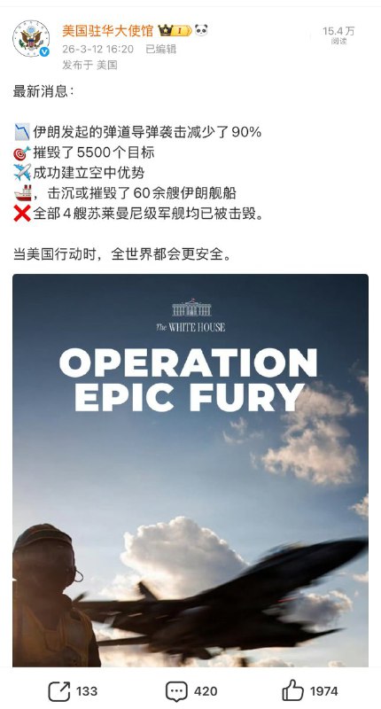 3月12日，美国驻华大使馆发布微博：伊朗发起的弹道导弹袭击减少了90%🎯摧毁了5500个目标✈️成功建立空中优势🚢，击沉或摧毁了60余艘伊朗舰船❌全部4艘苏莱曼尼级军舰均已被击毁