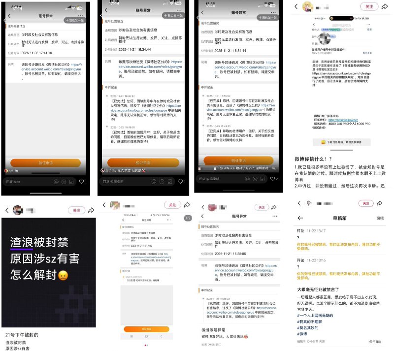 11月21日，再有大量网友表示，自己的微博账号疑似因为关注于朦胧坠楼事件突然被封禁