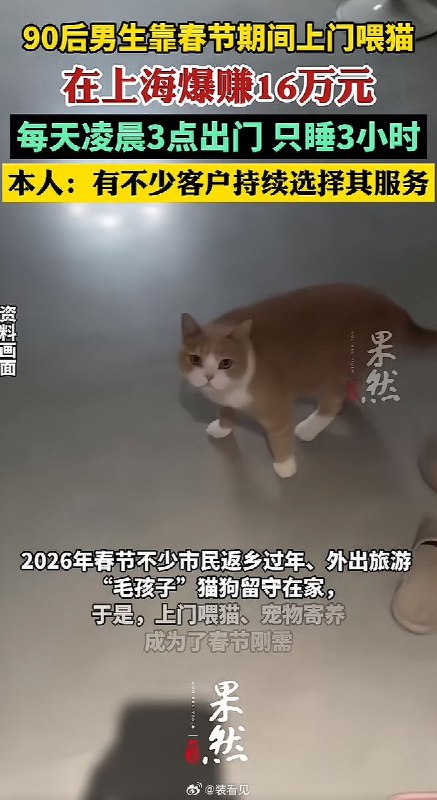 近日，春节“上门经济”再度刷新大众认知，有人为一桌年夜饭发愁，有人却靠做年夜饭月入4.5万，有人返乡过年团圆，有人则在各小区楼道里穿梭喂猫，春节档期直接“爆赚”16万