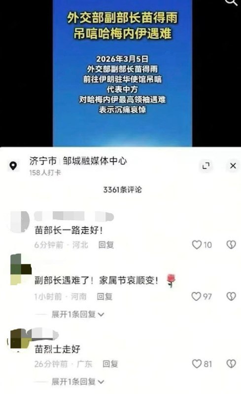 网友投稿：在一个中国外交部副部长苗得雨悼念哈梅内伊的视频下，网友不知有意无意，竟在评论区让苗得雨一路走好…查看原文