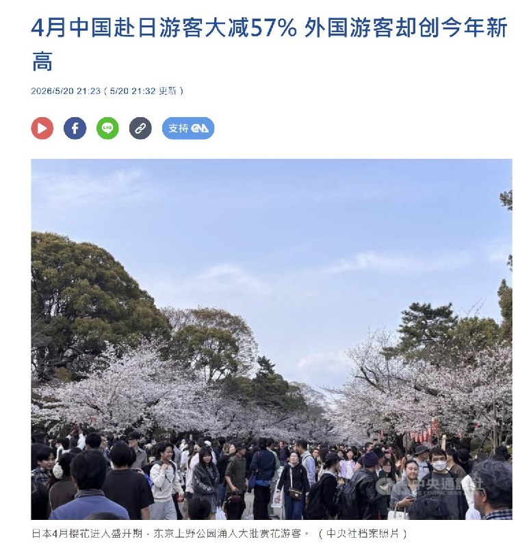 5月20日，日本政府观光局（JNTO）公布数据显示，4月份中国访日游客人数持续降至33.1万人次，较去年同期的76.5万人大减56.8%，且是连续第5个月下降