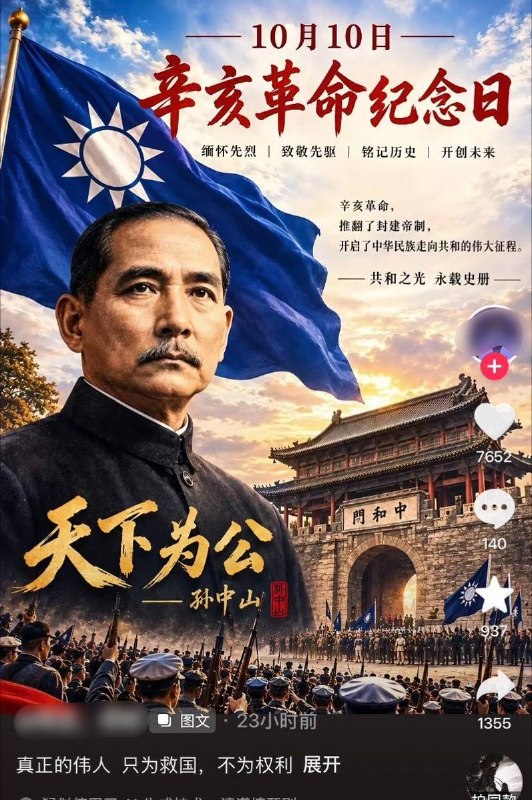 双十这天，抖音网友晒青天白日，还有人写“南望王师”10月10日，抖音网友晒出青天白日图案、孙中山肖像和“大中至正”书法